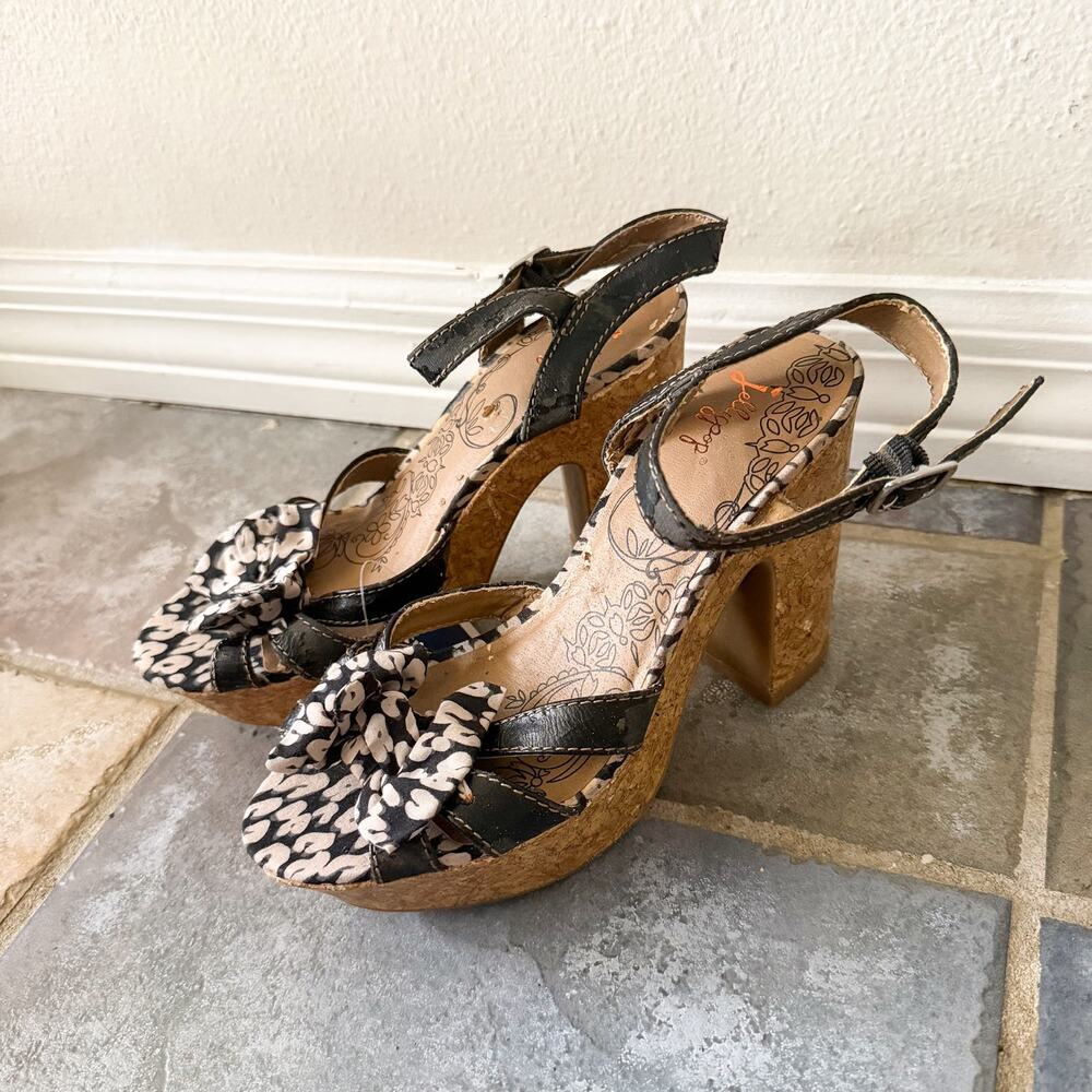 Jellypop Calla Cork Heel Sandals Bow Black Floral Size 7M